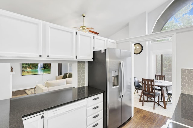 3117 Rivermill Dr Unit 25, Columbus, OH 43220 - kitchen with white dishwasher, stainless steel fridge with ice dispenser, white cabinets, dark wood-style flooring, and ceiling fan