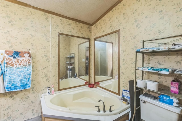 1609 Foraker Ave, Findlay, OH 45840 - bathroom with ornamental molding, a bath, wallpapered walls, and a textured ceiling