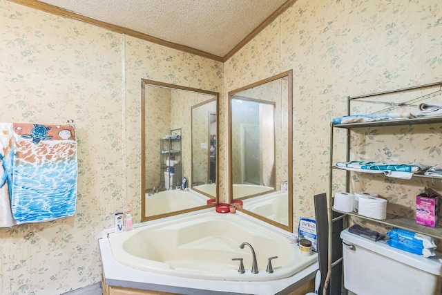 1609 Foraker Ave, Findlay, OH 45840 - full bathroom featuring crown molding, a garden tub, wallpapered walls, and a textured ceiling