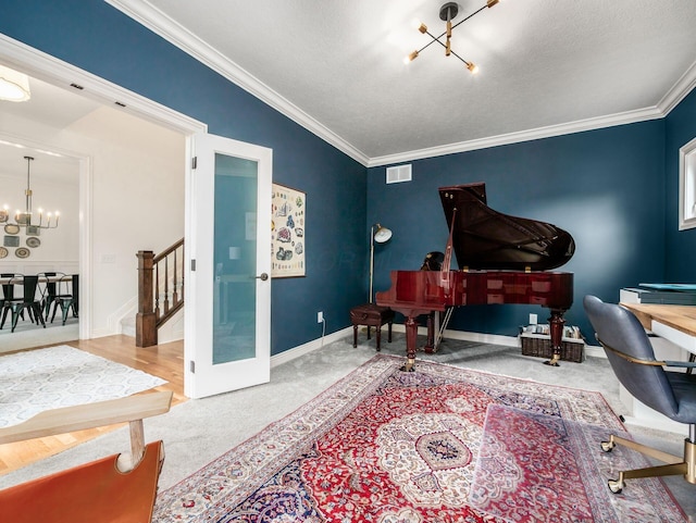 5808 Glendavon Loop, Dublin, OH 43016 - office featuring a chandelier, ornamental molding, carpet floors, and a textured ceiling