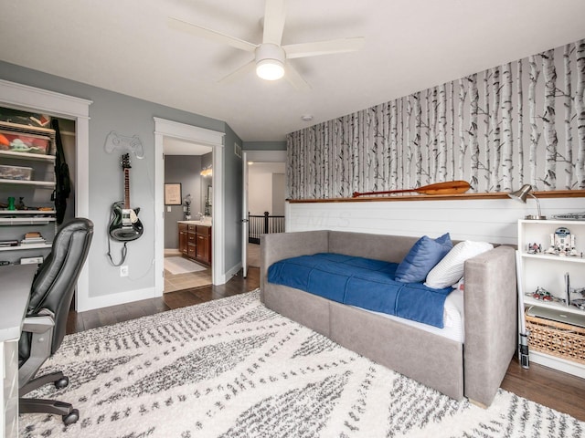 5808 Glendavon Loop, Dublin, OH 43016 - bedroom with wood finished floors, ensuite bath, an office area, and a ceiling fan