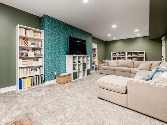 5808 Glendavon Loop, Dublin, OH 43016 - living room featuring carpet flooring, wallpapered walls, and recessed lighting