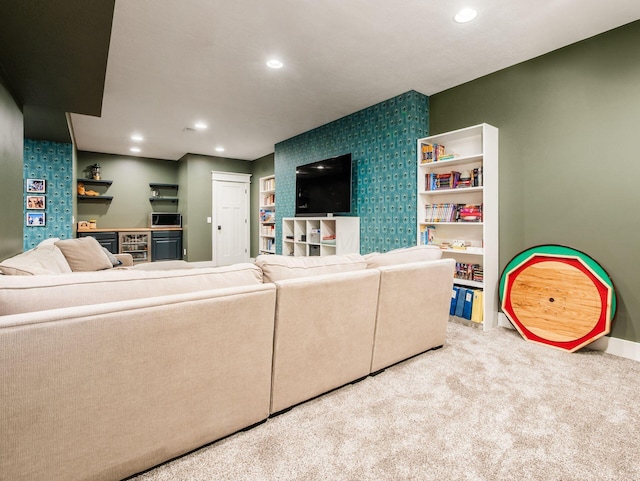5808 Glendavon Loop, Dublin, OH 43016 - carpeted living room featuring wallpapered walls, recessed lighting, and an accent wall
