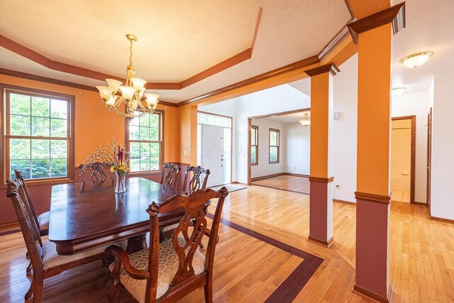 8510 Morgan St, Pickerington, OH 43147 - dining space with light wood finished floors, a chandelier, a raised ceiling, and ornamental molding