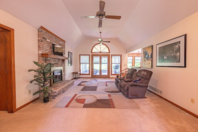 5608 Lynx Dr, Westerville, OH 43081 - carpeted living room with ceiling fan, a fireplace, and lofted ceiling
