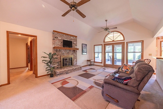 5608 Lynx Dr, Westerville, OH 43081 - carpeted living room with ceiling fan, vaulted ceiling, and a fireplace