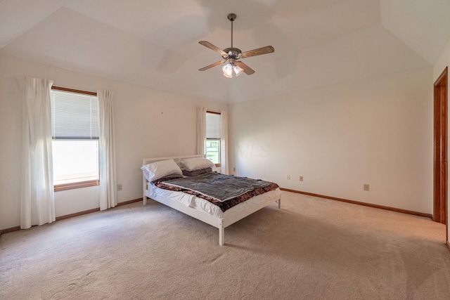 5608 Lynx Dr, Westerville, OH 43081 - bedroom with light colored carpet, vaulted ceiling, and ceiling fan