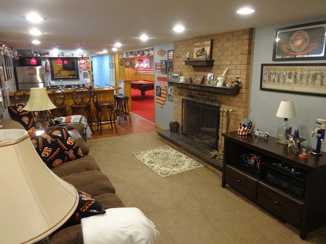 1766 Thrailkill Rd, Grove City, OH 43123 - living area featuring a fireplace, billiards table, wood finished floors, and recessed lighting