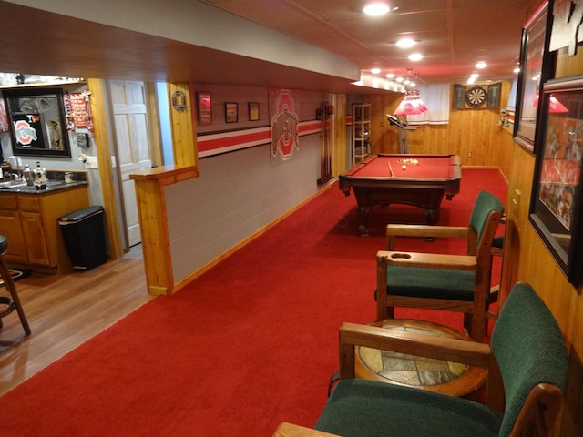 1766 Thrailkill Rd, Grove City, OH 43123 - recreation room with billiards table, carpet, a paneled ceiling, bar area, and wooden walls