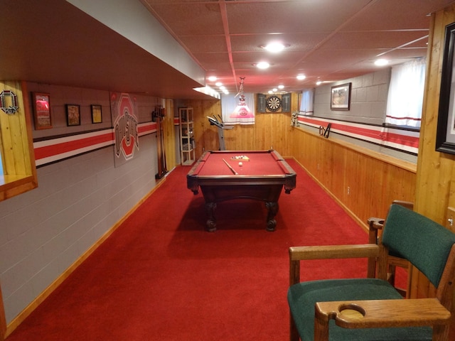 1766 Thrailkill Rd, Grove City, OH 43123 - playroom with a paneled ceiling, carpet, billiards, and wooden walls