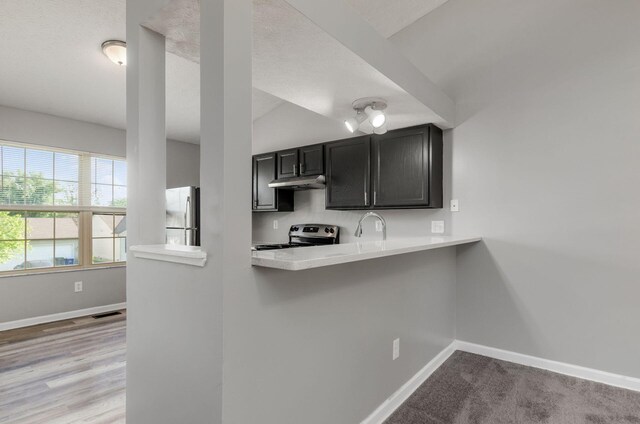 5727 Sundial Dr, Galloway, OH 43119 - kitchen with appliances with stainless steel finishes, under cabinet range hood, light countertops, dark cabinets, and a peninsula