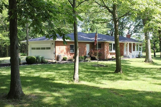 6781 Thoreau Ln NE, Baltimore, OH 43105 - ranch-style home with an attached garage, a chimney, brick siding, a front lawn, and covered porch
