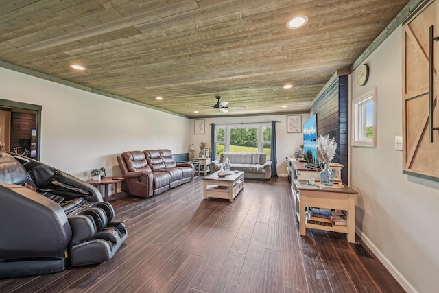 15586 Stump Run, Laurelville, OH 43135 - living room featuring wood ceiling, ceiling fan, dark wood-style floors, and recessed lighting