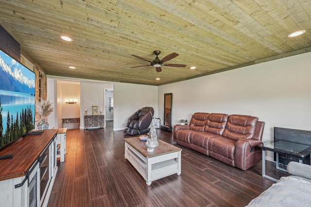 15586 Stump Run, Laurelville, OH 43135 - living room featuring wooden ceiling, ceiling fan, dark wood-style flooring, and recessed lighting