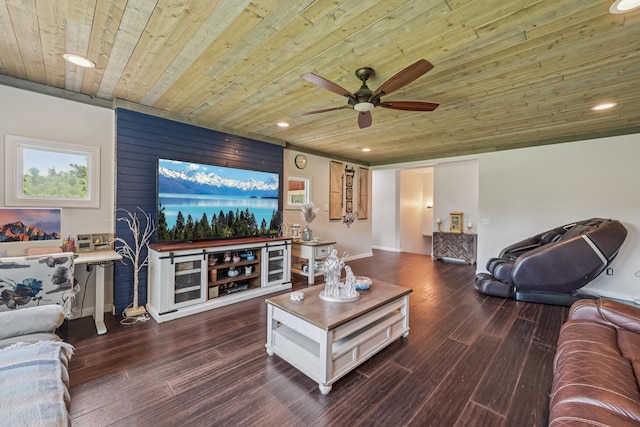 15586 Stump Run, Laurelville, OH 43135 - living room featuring wooden ceiling, a ceiling fan, dark wood finished floors, and recessed lighting