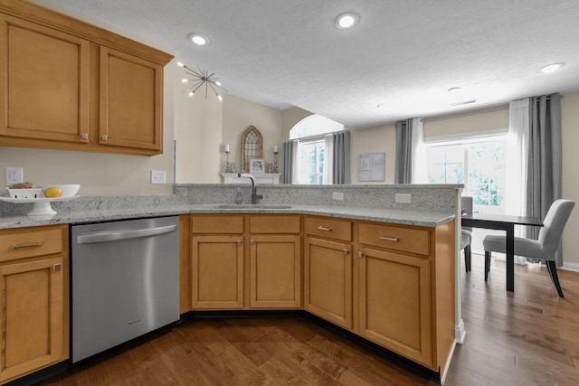 6277 Hudson Reserve Way, Westerville, OH 43081 - kitchen with stainless steel dishwasher, a peninsula, plenty of natural light, dark wood-style floors, and a textured ceiling