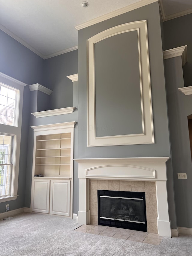 8730 Swisher Creek Xing, New Albany, OH 43054 - detailed view of a tiled fireplace, ornamental molding, and carpet