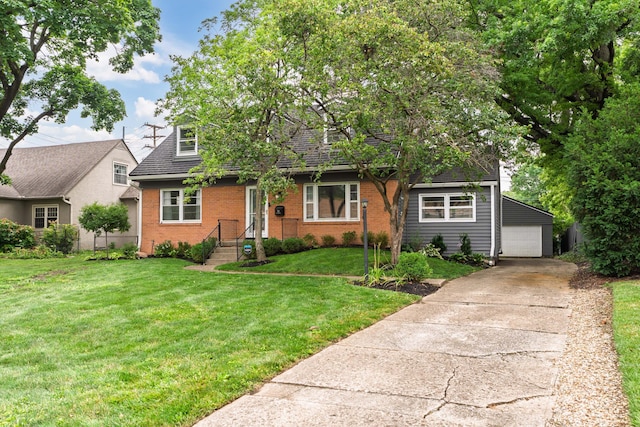 50 S Kellner Rd, Columbus, OH 43209 - view of front facade with brick siding, a front lawn, an outdoor structure, a garage, and a shingled roof