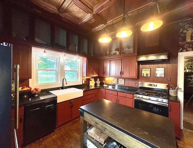 4640 Chillicothe Lancaster Rd SW, Lancaster, OH 43130 - kitchen with stainless steel range with gas stovetop, black refrigerator, dark wood-style floors, and dishwashing machine