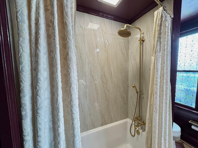 4640 Chillicothe Lancaster Rd SW, Lancaster, OH 43130 - bathroom with shower / bath combination with curtain and ornamental molding