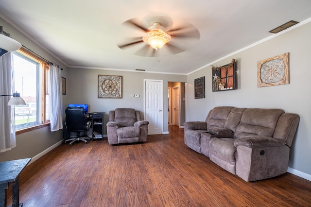 1221 S Main St, Washington Court House, OH 43160 - living area featuring dark wood-style flooring, an office area, ceiling fan, and ornamental molding