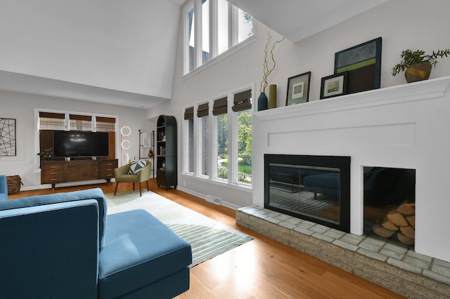 160 Wildwood Dr, Granville, OH 43023 - living room with wood finished floors, healthy amount of natural light, a glass covered fireplace, a towering ceiling, and arched walkways