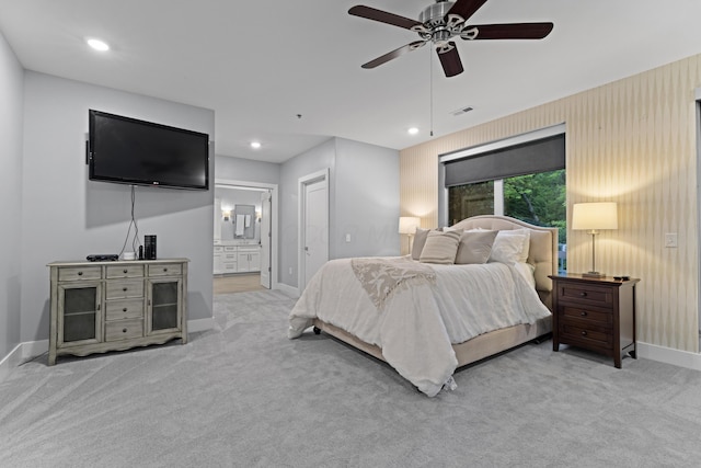 105 N Riverview St Unit 218, Dublin, OH 43017 - bedroom featuring carpet, ensuite bath, ceiling fan, and recessed lighting