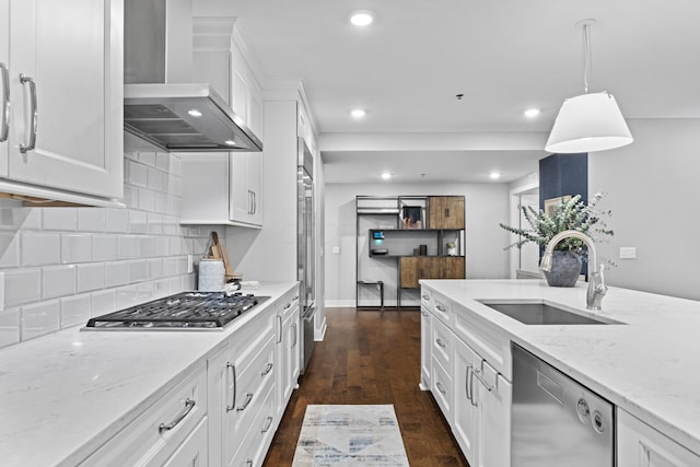 105 N Riverview St Unit 218, Dublin, OH 43017 - kitchen with stainless steel appliances, wall chimney exhaust hood, recessed lighting, dark wood-style floors, and decorative backsplash
