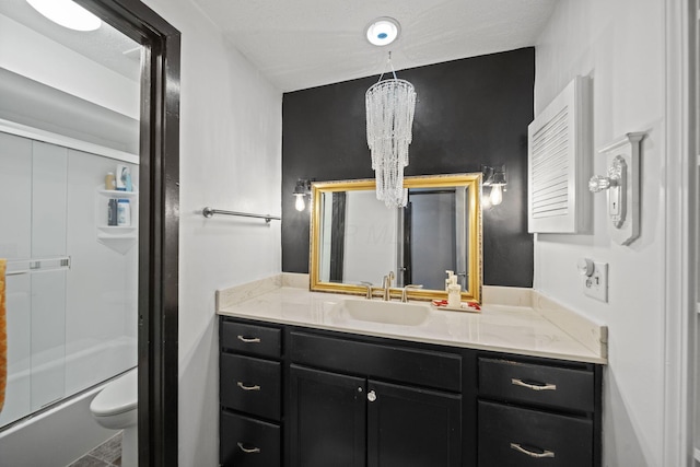 1208 Ashland Ave, Columbus, OH 43212 - bathroom featuring a chandelier, vanity, and combined bath / shower with glass door