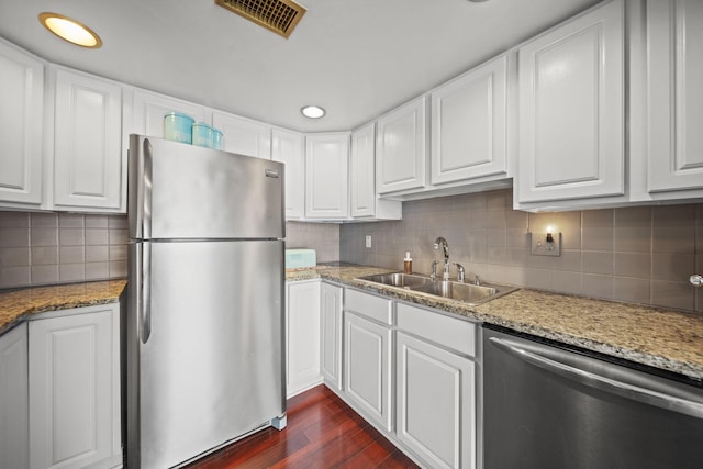 1208 Ashland Ave, Columbus, OH 43212 - kitchen with appliances with stainless steel finishes, dark wood-type flooring, backsplash, white cabinets, and recessed lighting