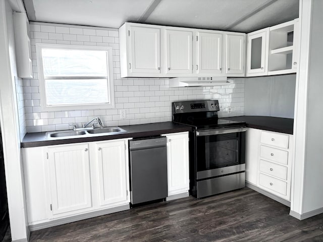 18 Skyline Dr, South Bloomfield, OH 43103 - kitchen featuring stainless steel range with electric cooktop, dark countertops, dishwashing machine, under cabinet range hood, and white cabinets