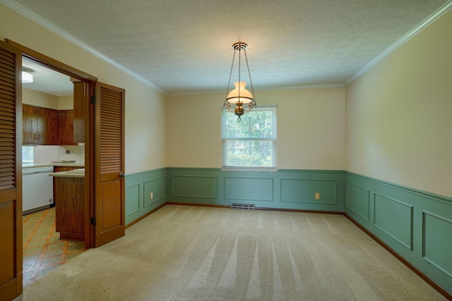 8899 Chevington Ct, Pickerington, OH 43147 - unfurnished dining area featuring healthy amount of natural light, a wainscoted wall, ornamental molding, light colored carpet, and a chandelier