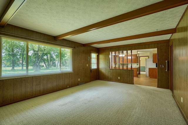 8899 Chevington Ct, Pickerington, OH 43147 - unfurnished room with beam ceiling, wood walls, light colored carpet, and a textured ceiling