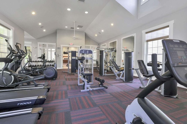 5985 Mcjessy Dr, Westerville, OH 43081 - workout area featuring recessed lighting, plenty of natural light, high vaulted ceiling, and carpet flooring