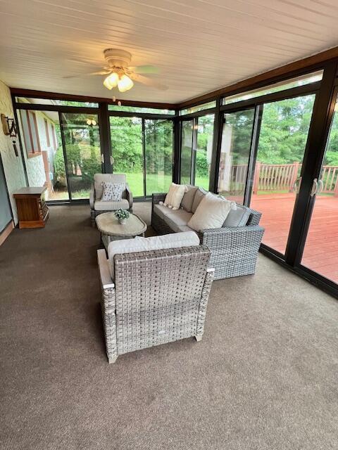 171 Ginder Rd NE, Lancaster, OH 43130 - carpeted living area featuring ceiling fan