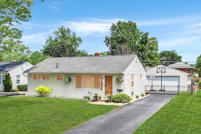 2232 Edgevale Rd, Upper Arlington, OH 43221 - ranch-style home with an outbuilding, a detached garage, a chimney, and roof with shingles