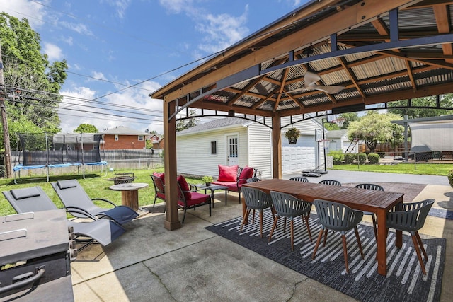 2232 Edgevale Rd, Upper Arlington, OH 43221 - view of patio / terrace with a trampoline, a gazebo, an outdoor living space, an outbuilding, and outdoor dining space