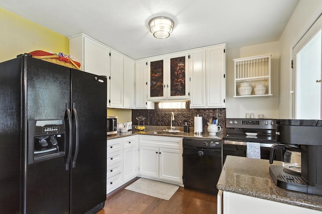 2190 Lendale Dr, Lancaster, OH 43130 - kitchen with black appliances, white cabinetry, dark wood-type flooring, decorative backsplash, and glass insert cabinets
