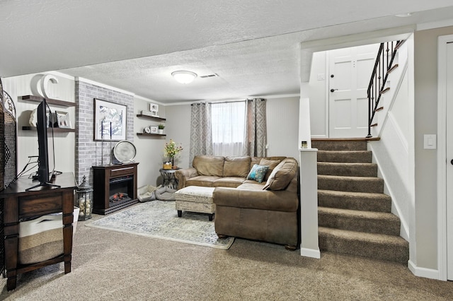 2190 Lendale Dr, Lancaster, OH 43130 - living area featuring carpet, stairway, a textured ceiling, and a warm lit fireplace
