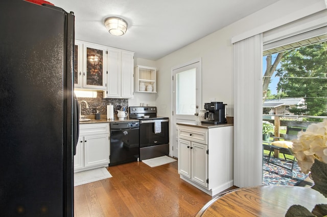 2190 Lendale Dr, Lancaster, OH 43130 - kitchen featuring black appliances, white cabinets, dark wood-style flooring, backsplash, and open shelves