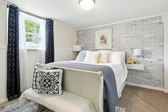 2190 Lendale Dr, Lancaster, OH 43130 - bedroom featuring brick wall, ornamental molding, and carpet floors