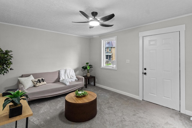 508 E Welch Ave, Columbus, OH 43207 - living area featuring carpet floors, ceiling fan, crown molding, and a textured ceiling