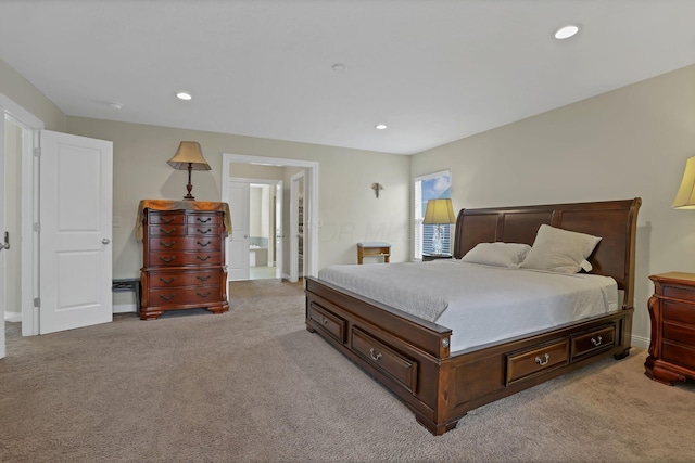 7263 Yarrow Run Rd, Plain City, OH 43064 - bedroom with light carpet, recessed lighting, and connected bathroom