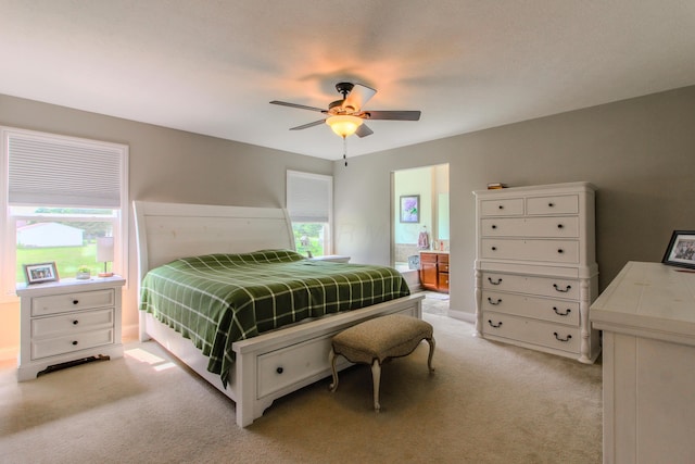 9065 Strawser St, Orient, OH 43146 - bedroom with light carpet, connected bathroom, and a ceiling fan