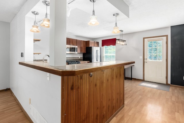 277 Plum Run Ct, Commercial Point, OH 43116 - kitchen with appliances with stainless steel finishes, light wood-type flooring, a peninsula, and hanging light fixtures