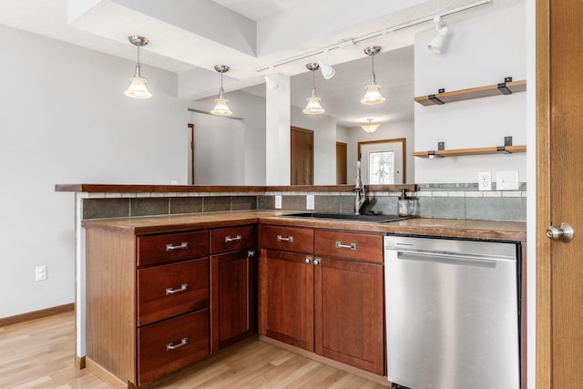 277 Plum Run Ct, Commercial Point, OH 43116 - kitchen with dishwasher, light wood-style floors, open shelves, decorative light fixtures, and rail lighting