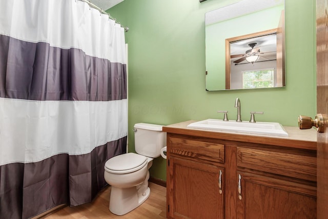277 Plum Run Ct, Commercial Point, OH 43116 - bathroom featuring vanity, wood finished floors, ceiling fan, and curtained shower