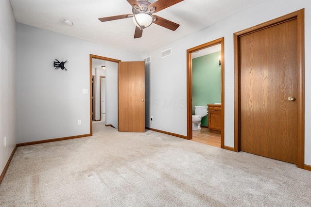 277 Plum Run Ct, Commercial Point, OH 43116 - unfurnished bedroom featuring light colored carpet, ensuite bath, and ceiling fan