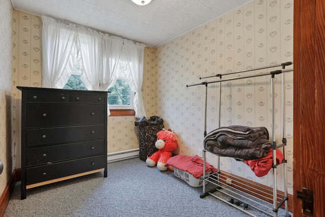 16703 Watkins Rd, Haydenville, OH 43127 - carpeted bedroom with wallpapered walls and a baseboard heating unit