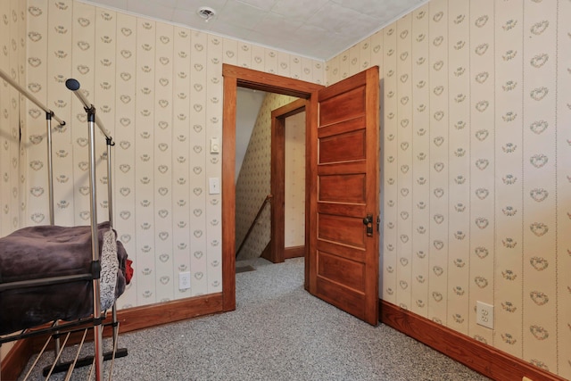 16703 Watkins Rd, Haydenville, OH 43127 - bedroom with carpet flooring, wallpapered walls, and crown molding